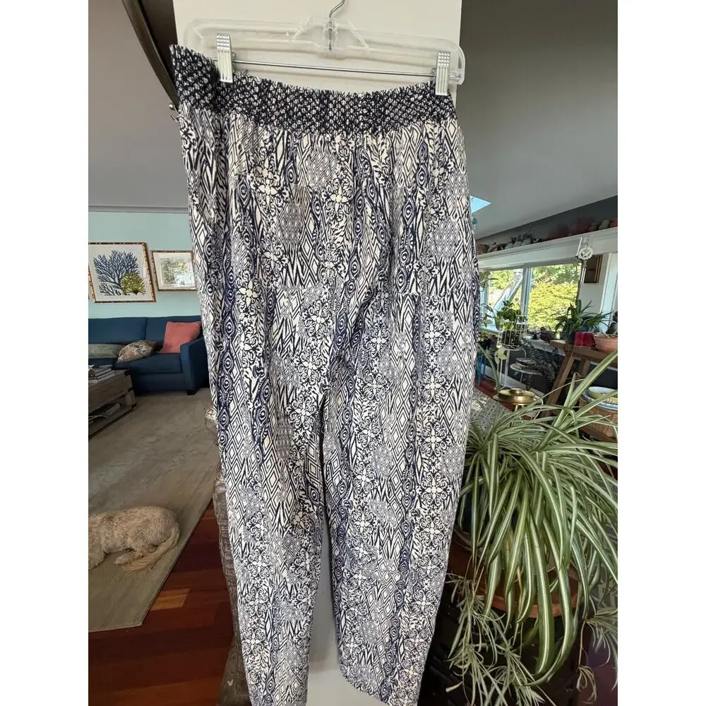 Casey Key 1X Blue White Boho Wide Leg Palazzo Pants Smocked Waist Coastal